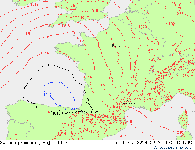 Surface pressure ICON-EU Sa 21.09.2024 09 UTC