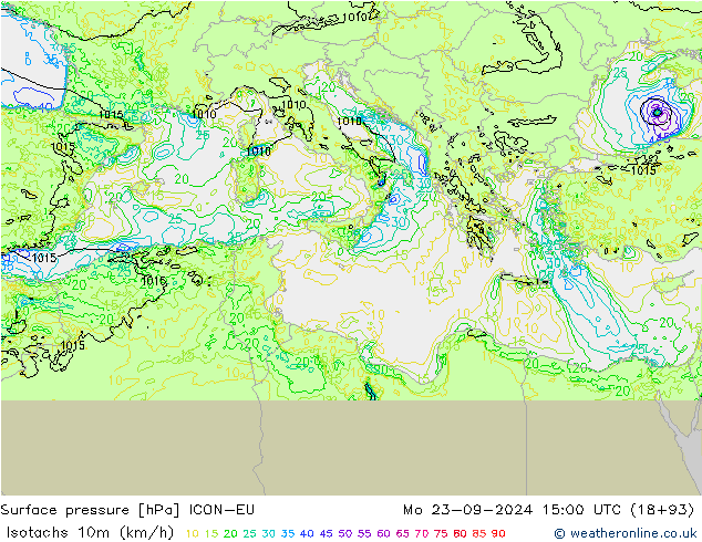 Eşrüzgar Hızları (km/sa) ICON-EU Pzt 23.09.2024 15 UTC