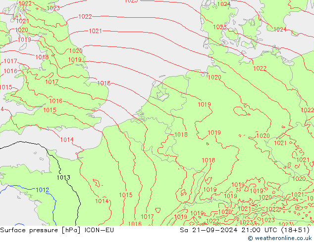 приземное давление ICON-EU сб 21.09.2024 21 UTC