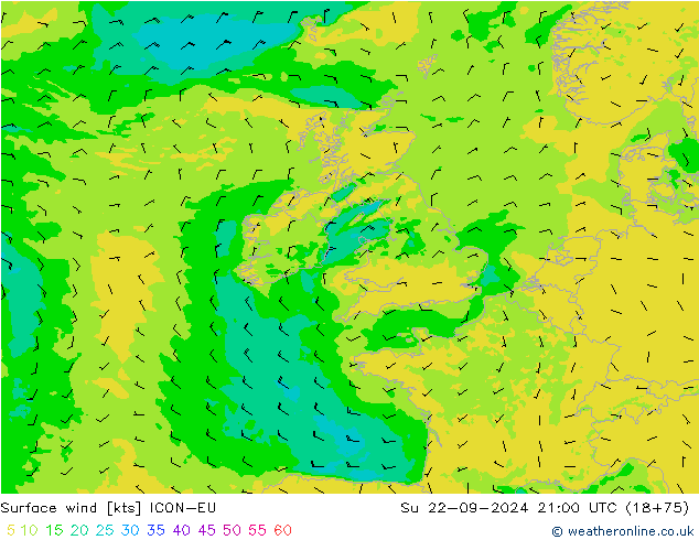 Vento 10 m ICON-EU Dom 22.09.2024 21 UTC