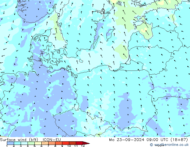 Wind 10 m (bft) ICON-EU ma 23.09.2024 09 UTC