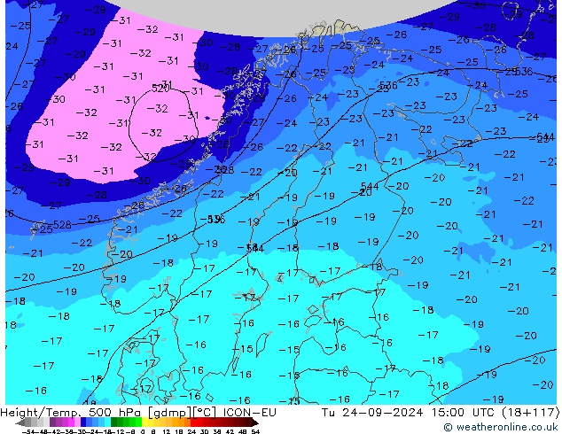 Height/Temp. 500 hPa ICON-EU Tu 24.09.2024 15 UTC