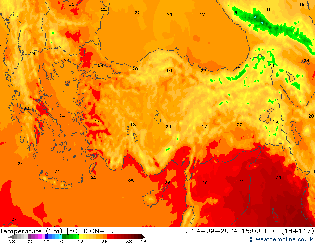 Temperaturkarte (2m) ICON-EU Di 24.09.2024 15 UTC