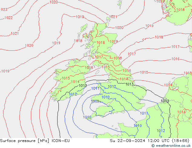 Surface pressure ICON-EU Su 22.09.2024 12 UTC