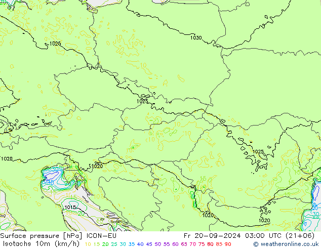 Isotachs (kph) ICON-EU Fr 20.09.2024 03 UTC