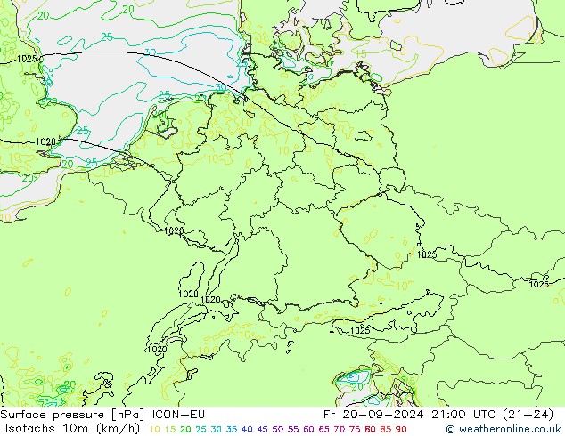 Isotachs (kph) ICON-EU Fr 20.09.2024 21 UTC