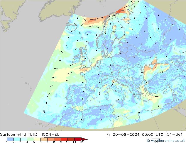 Bodenwind (bft) ICON-EU Fr 20.09.2024 03 UTC