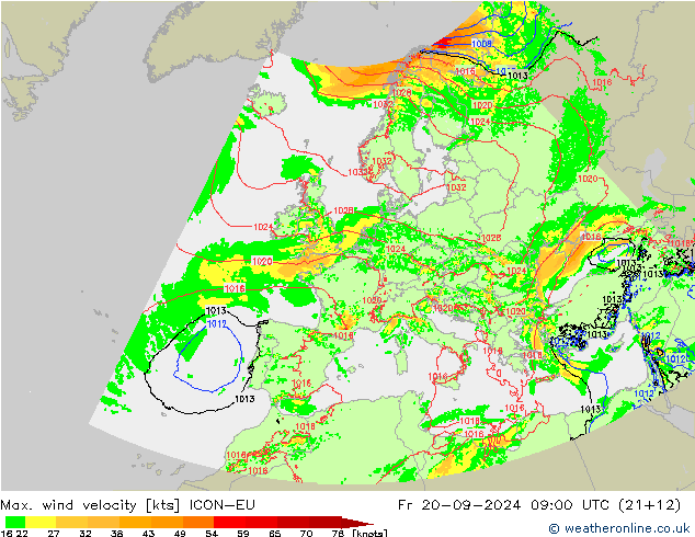 Max. wind velocity ICON-EU 星期五 20.09.2024 09 UTC