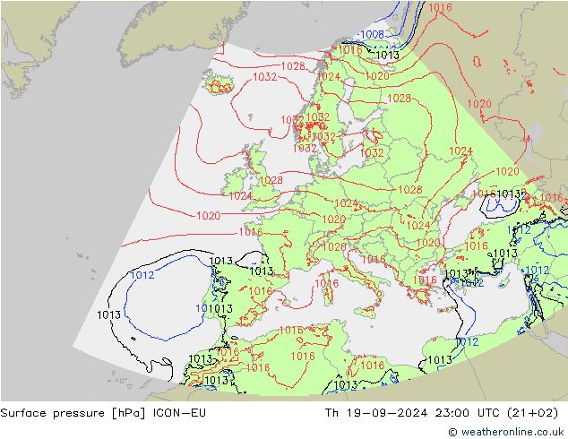 Surface pressure ICON-EU Th 19.09.2024 23 UTC