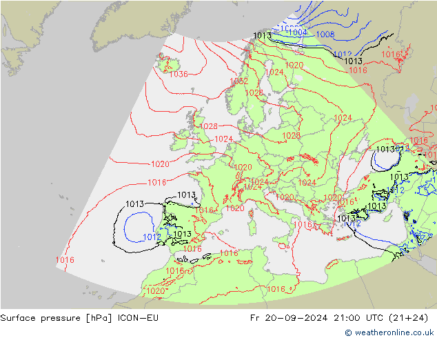 Surface pressure ICON-EU Fr 20.09.2024 21 UTC