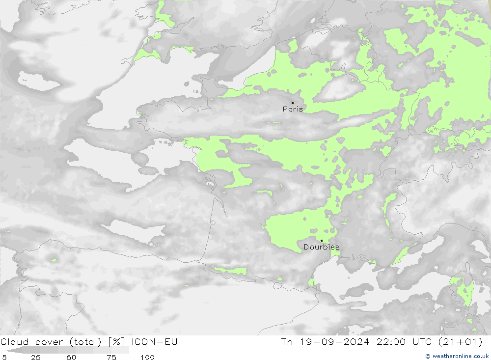 Cloud cover (total) ICON-EU Čt 19.09.2024 22 UTC