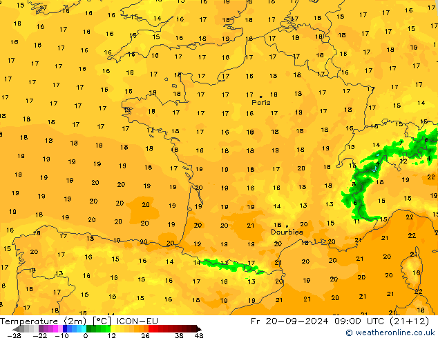 mapa temperatury (2m) ICON-EU pt. 20.09.2024 09 UTC