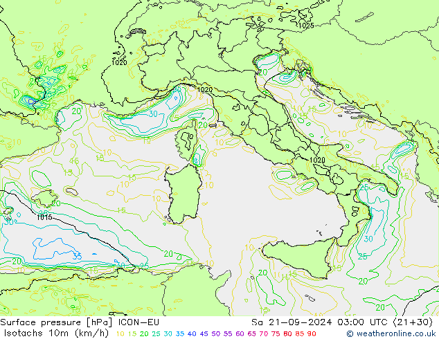 Isotachs (kph) ICON-EU So 21.09.2024 03 UTC