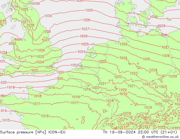 Surface pressure ICON-EU Th 19.09.2024 22 UTC