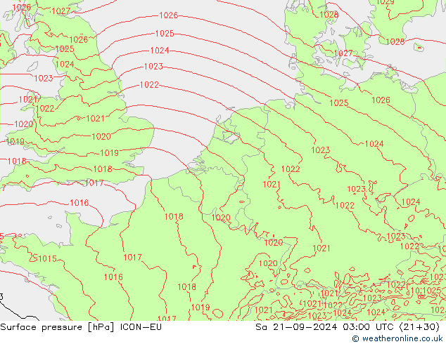 Surface pressure ICON-EU Sa 21.09.2024 03 UTC