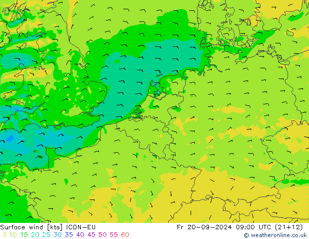 Viento 10 m ICON-EU vie 20.09.2024 09 UTC