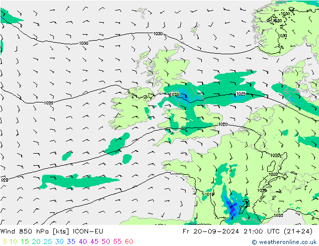 Wind 850 hPa ICON-EU vr 20.09.2024 21 UTC