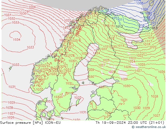 Atmosférický tlak ICON-EU Čt 19.09.2024 22 UTC