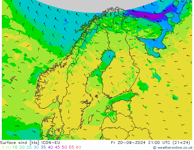 Vento 10 m ICON-EU ven 20.09.2024 21 UTC