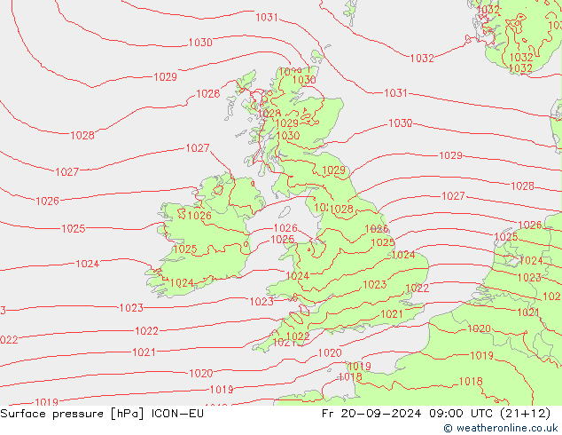 Presión superficial ICON-EU vie 20.09.2024 09 UTC