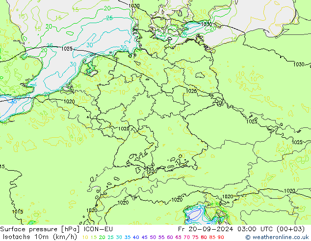 Isotaca (kph) ICON-EU vie 20.09.2024 03 UTC