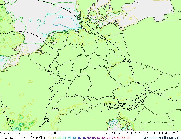 Isotachen (km/h) ICON-EU Sa 21.09.2024 06 UTC