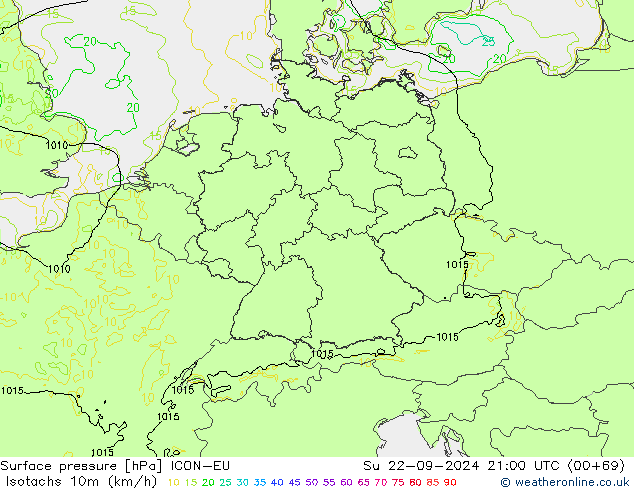 Isotaca (kph) ICON-EU dom 22.09.2024 21 UTC