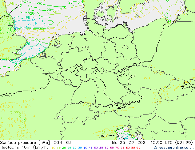 Isotachen (km/h) ICON-EU Mo 23.09.2024 18 UTC