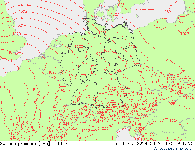 Presión superficial ICON-EU sáb 21.09.2024 06 UTC