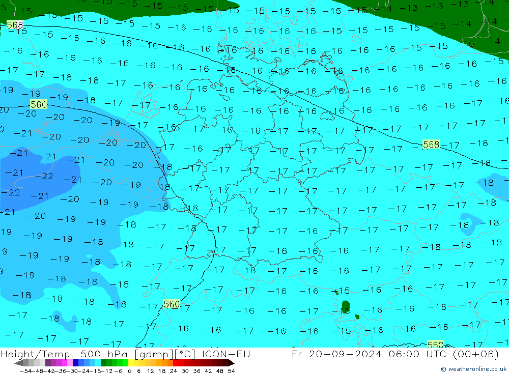 Hoogte/Temp. 500 hPa ICON-EU vr 20.09.2024 06 UTC