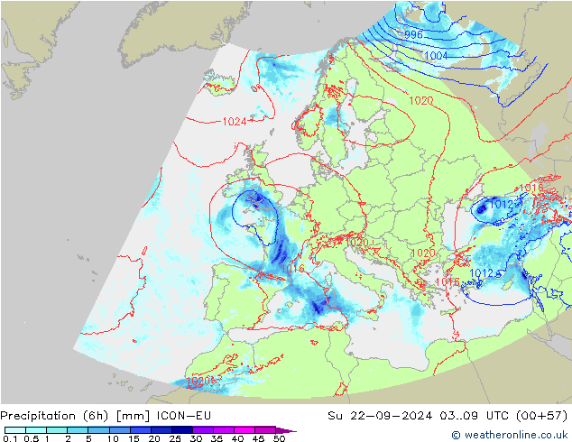 Precipitation (6h) ICON-EU Su 22.09.2024 09 UTC