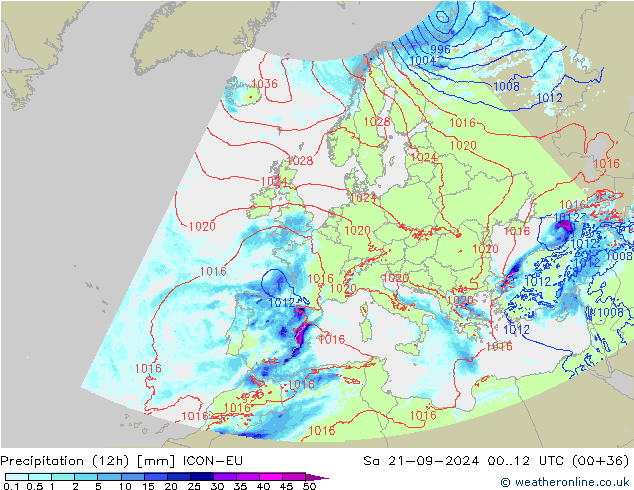 Precipitation (12h) ICON-EU Sa 21.09.2024 12 UTC