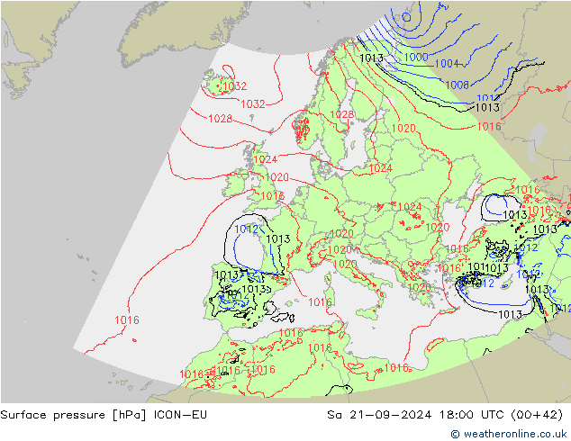 Surface pressure ICON-EU Sa 21.09.2024 18 UTC