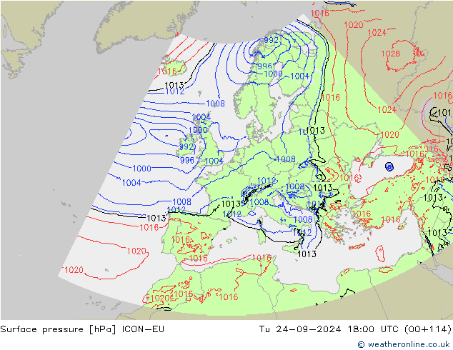 Surface pressure ICON-EU Tu 24.09.2024 18 UTC