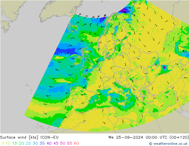 Vento 10 m ICON-EU mer 25.09.2024 00 UTC