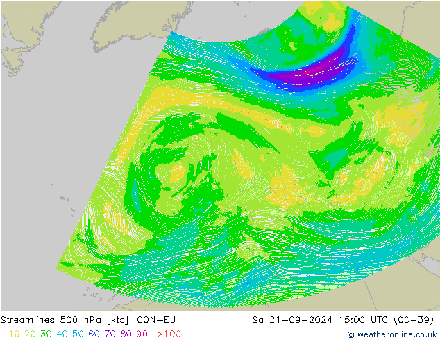 Streamlines 500 hPa ICON-EU Sa 21.09.2024 15 UTC