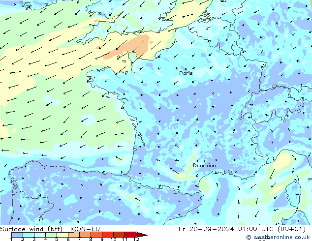 Vento 10 m (bft) ICON-EU Sex 20.09.2024 01 UTC