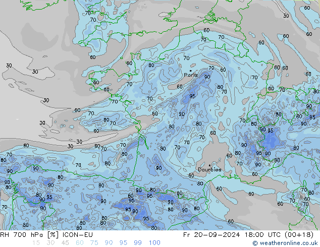 RH 700 гПа ICON-EU пт 20.09.2024 18 UTC