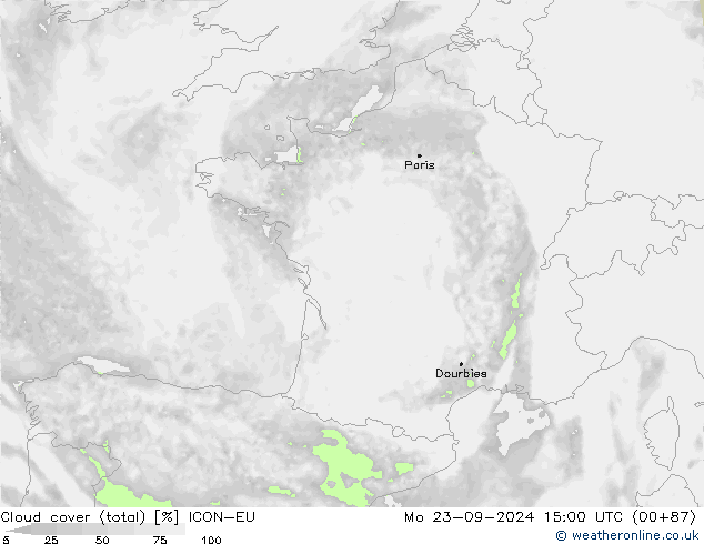 Cloud cover (total) ICON-EU Po 23.09.2024 15 UTC