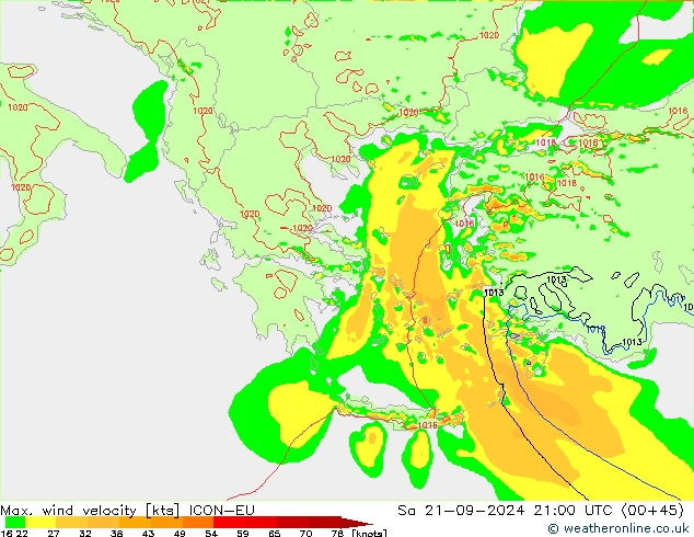 Max. wind velocity ICON-EU Sa 21.09.2024 21 UTC