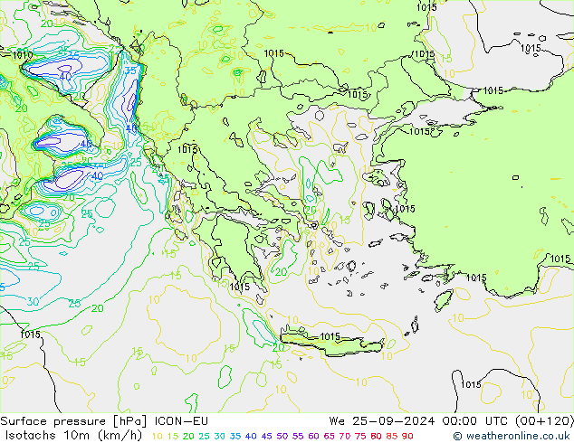 Isotachs (kph) ICON-EU  25.09.2024 00 UTC