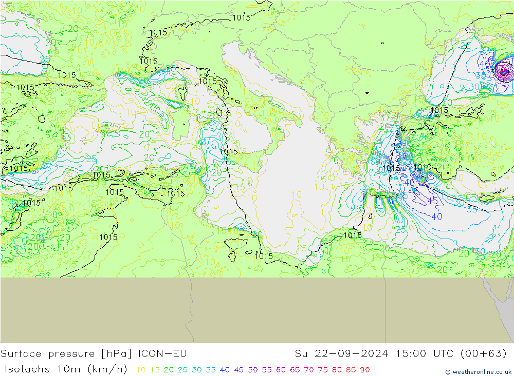 Isotachs (kph) ICON-EU Su 22.09.2024 15 UTC