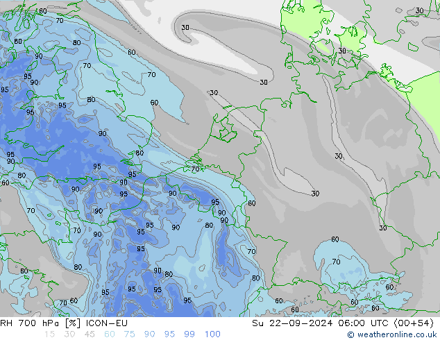 RH 700 hPa ICON-EU Su 22.09.2024 06 UTC