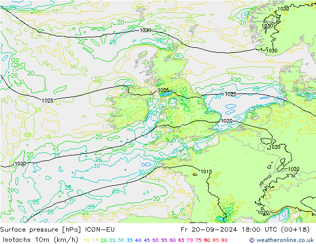 Isotachs (kph) ICON-EU Fr 20.09.2024 18 UTC