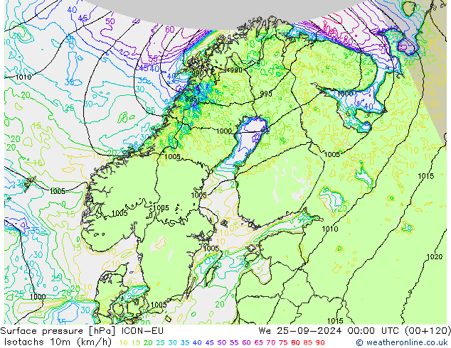 Isotachen (km/h) ICON-EU Mi 25.09.2024 00 UTC