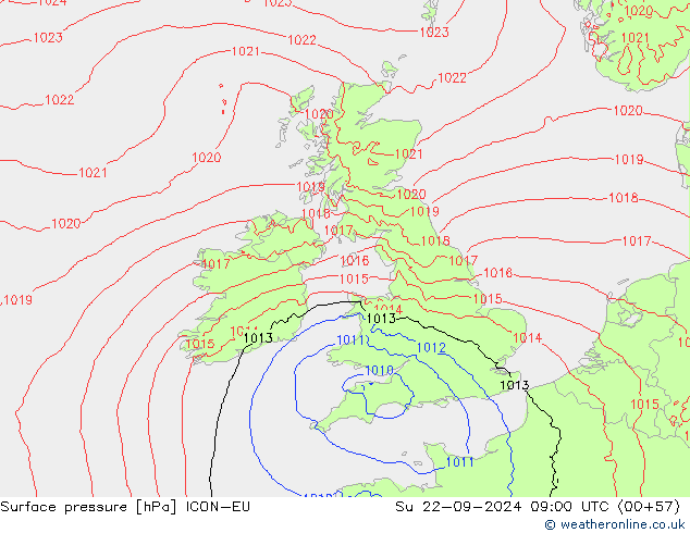 Surface pressure ICON-EU Su 22.09.2024 09 UTC