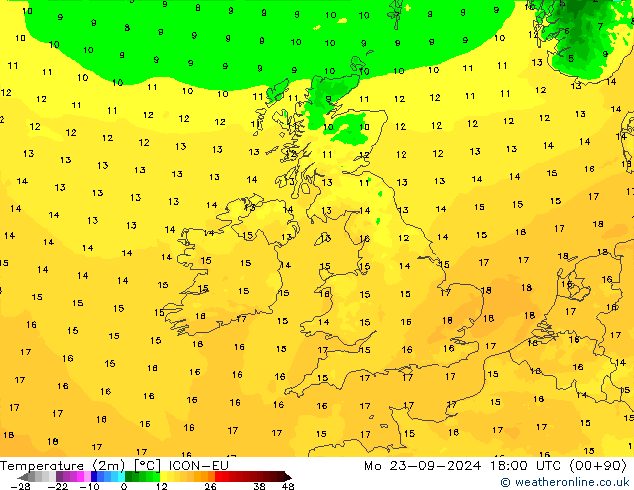 Temperature (2m) ICON-EU Mo 23.09.2024 18 UTC