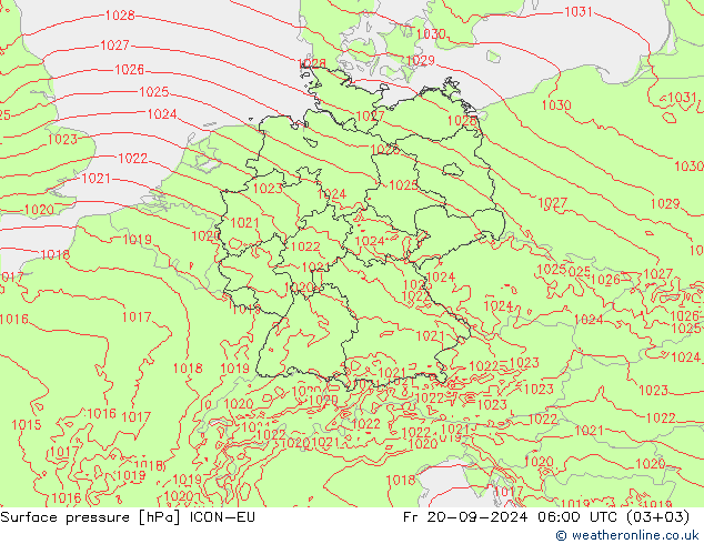 Surface pressure ICON-EU Fr 20.09.2024 06 UTC