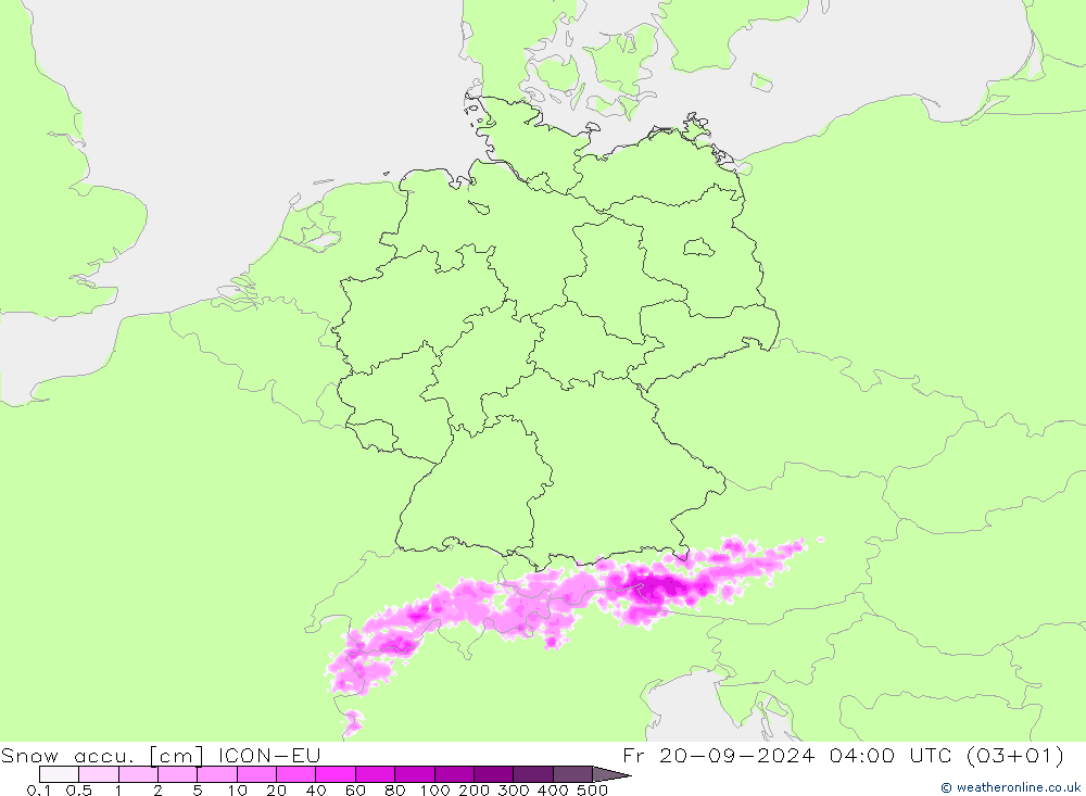 Snow accu. ICON-EU 星期五 20.09.2024 04 UTC