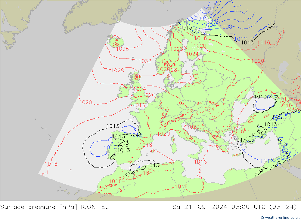 Surface pressure ICON-EU Sa 21.09.2024 03 UTC